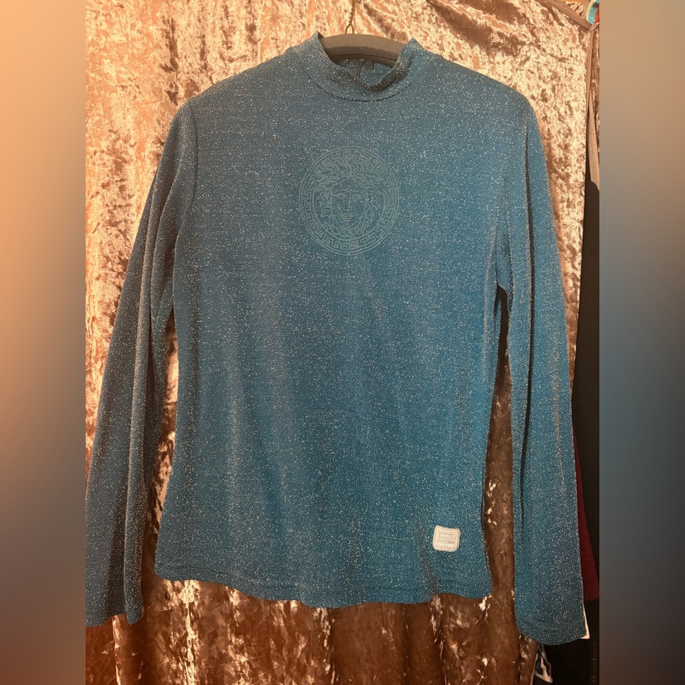 Versace Teal Sparkle Long Sleeve Top